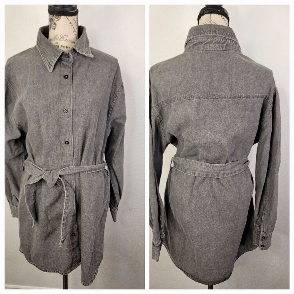 AVEC LES FILLESDenim Shirt Dress Medium Acid Wash Denim Button Up Tie Waist